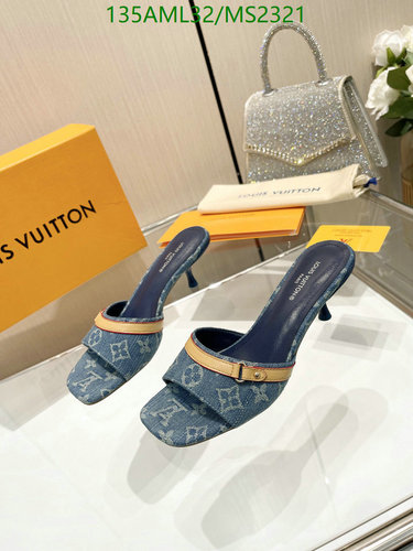 Products 16 Louis Vuitton Women's Denim Monogram Square Toe Mules - Chic Kitten Heel Sandals