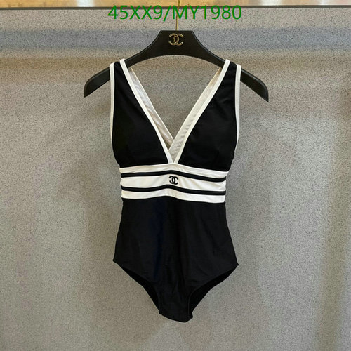 Chanel V-Neck One-Piece Swimsuit for Women - Black & White Classic Design