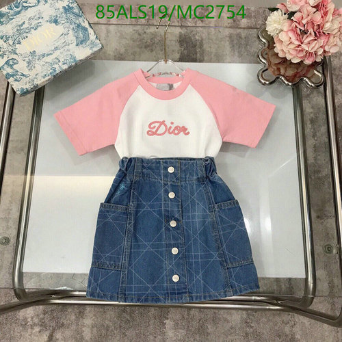 Dior Kids' Pink & White Ringer Tee with Blue Denim Skirt Set for Girls