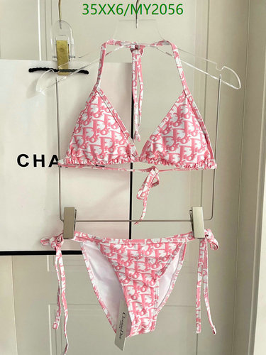 Dior Women's Oblique Pattern Triangle Bikini Set - Pink and White Swimsuit