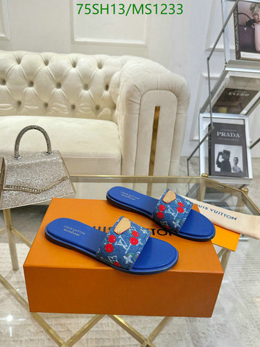 Louis Vuitton Women's Monogram Denim & Cherry Flat Slide Sandals