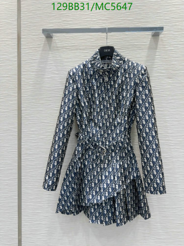 Dior Oblique Pattern Cotton Coat in Navy Blue, Belted Waist, Ruffled Hem