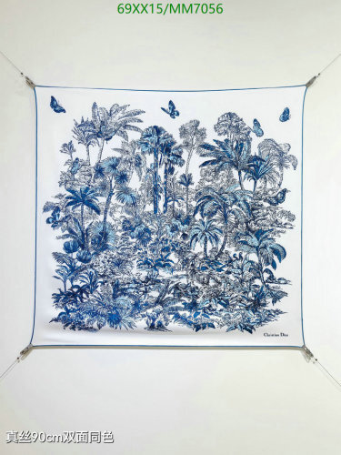 Dior Silk Scarf 90cm - Blue Botanical Print - Elegant Neck Scarf or Headscarf