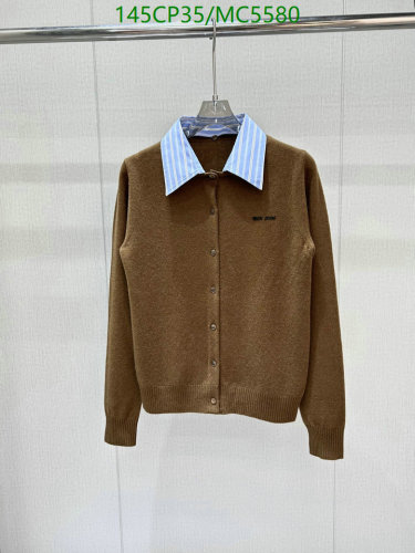 Miu Miu Women's Brown Knit Cardigan with Striped Cotton Collar - Size S, M, L