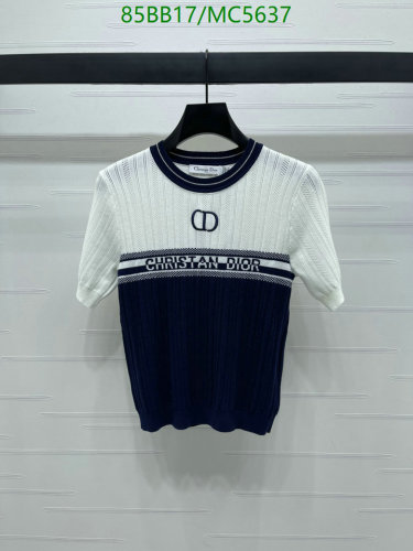 Dior Wool Blend Knit Top - Short Sleeve, Round Neck, Striped Pattern