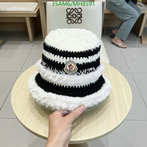 Moncler Striped Crochet Bucket Hat, Fuzzy Trim, Stylish Winter Headwear
