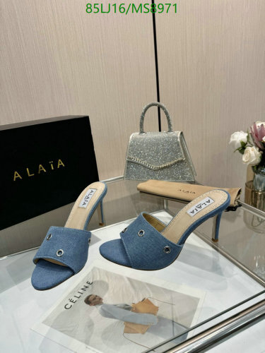 ALAIA Women's Denim Heeled Mules with Round Metal Eyelet Details