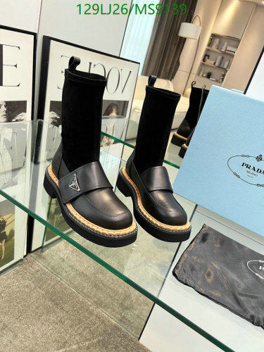 Prada Black Leather & Fabric Ankle Boots With Cork Platform, Women Shoes