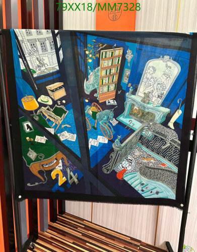 Hermes Cashmere Scarf with Artistic Interior Scene Design, 100-200cm