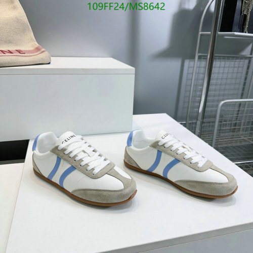 Celine Women's White Leather Trainer Sneakers with Blue Accents