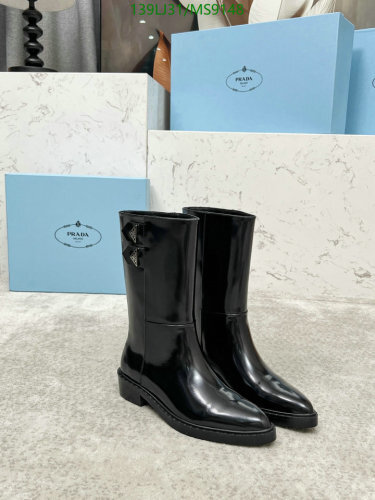 Prada Women's Black Leather Mid-Calf Boots with Bow Detail, EU 35-41