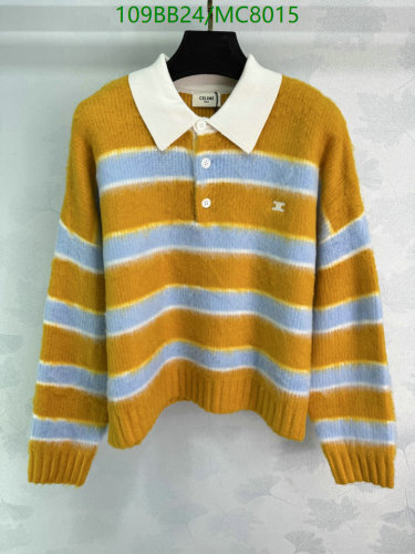 Celine Striped Cotton Knit Polo Shirt - Mustard and Blue - Women's Size S-L