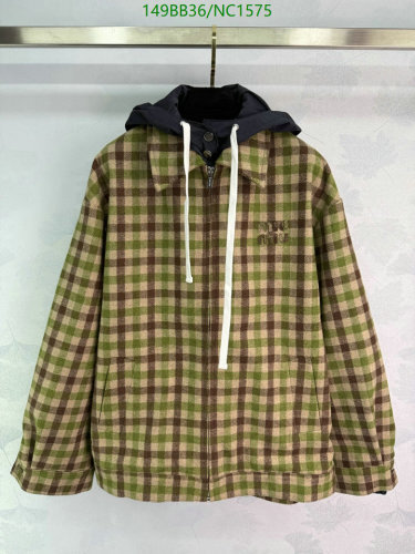 Miu Miu Plaid Wool-Blend Hooded Jacket, Women's Size S-L, Brown/Green