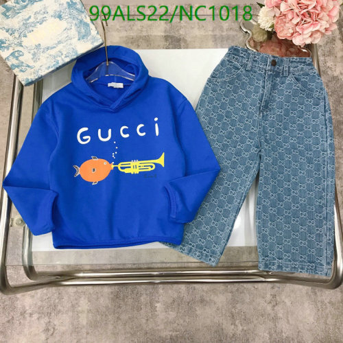 Gucci Kids' Blue Hoodie and Jeans Set with Fish and Trumpet Design