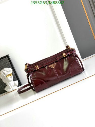 Prada 1BA215 Burgundy Leather Handbag, 26 x 14 x 12 cm, Mirror Quality