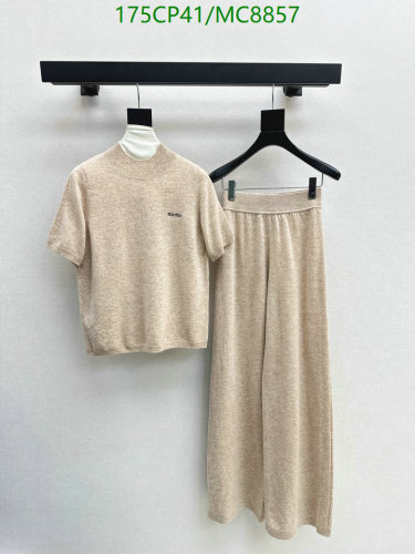 Miu Miu Knitwear Set, Short Sleeve Top And Wide Leg Pants, Beige, Women