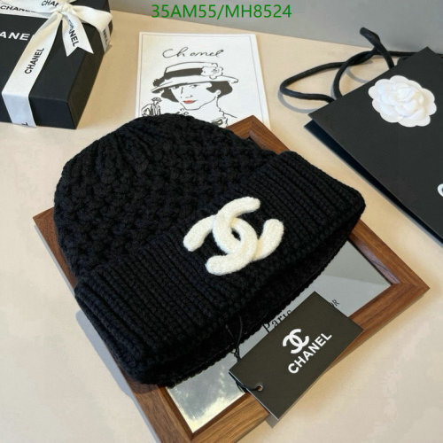 Chanel Women's Black Wool Knit Beanie Hat with White CC Logo, MH8524