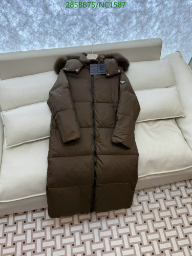 Prada Women's Brown Goose Down Padded Longline Coat with Fur Hood