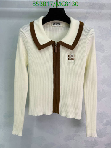 Miu Miu Women's Ribbed Knit Wool Top with Contrasting Collar and Zip