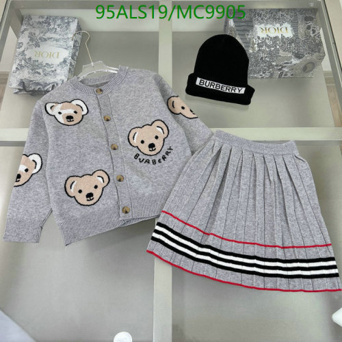 Burberry Kids' Grey Bear Appliqué Knit Set with Cardigan and Pleated Skirt