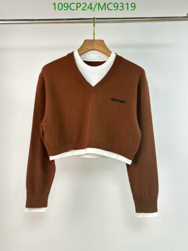 Miu Miu Women's Brown V-Neck Layered-Look Knit Sweater