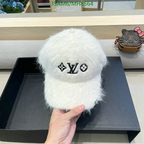 Louis Vuitton White Furry Cap Stylish Fashion Hat with Signature Logo Design