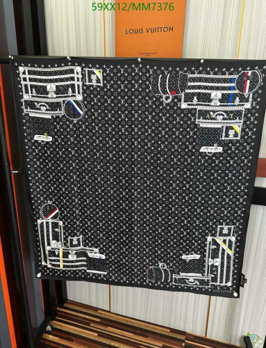 Louis Vuitton Black Silk Square Scarf with Iconic Monogram & Luggage Design