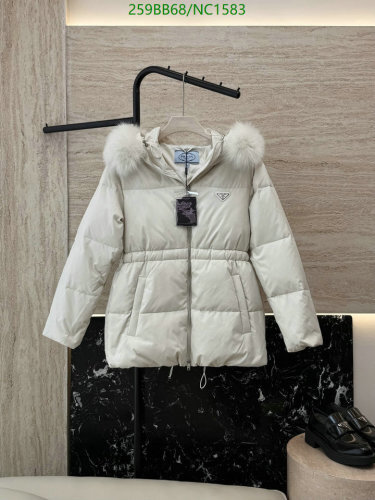 Prada White Goose Down Padded Jacket with Fur Hood for Women, Size 38-44