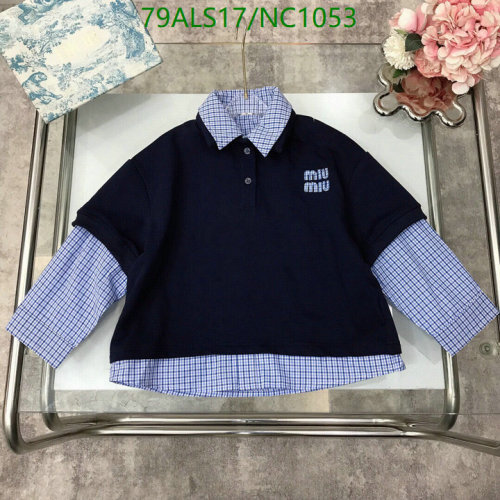 Miu Miu Kids' Navy Blue Layered-Look Polo Shirt with Plaid Details