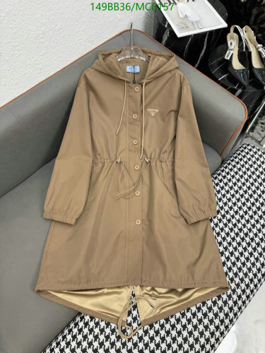 Prada Cotton Long Coat with Hood, Drawstring Waist, and Button Closure