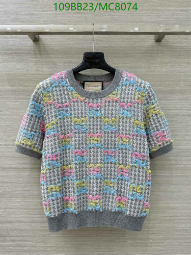 Gucci Wool Blend Short Sleeve Sweater with GG Multicolor Pattern, Gray, Women
