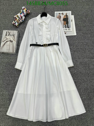 Dior White Cotton Midi Dress with Belt | Elegant Collared Long Sleeve Dress