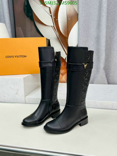Louis Vuitton Women's Black Leather Knee-High Boots with Iconic Embossed Design