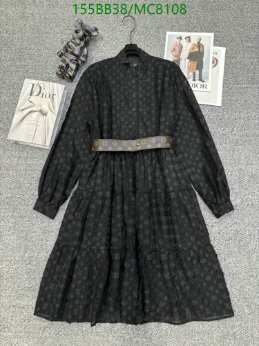 Louis Vuitton Women's Black Cotton-Tencel Blend Tiered Midi Dress with Belt