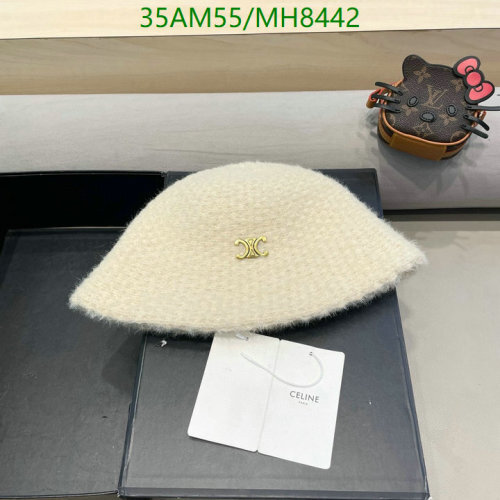 Celine MH8442 Women's Wool Blend Bucket Hat with Gold-Tone Logo - Cream