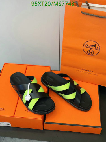 Hermes Men's Sandals Cowhide Leather Black & Neon Green EU38-46 MS7743
