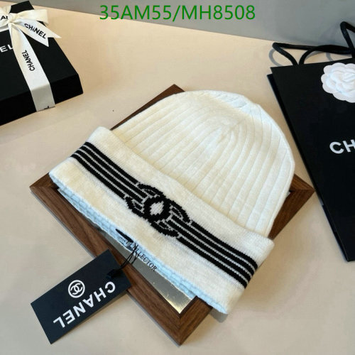 Chanel White Wool Knit Beanie Hat with Black Logo, MH8508, $35