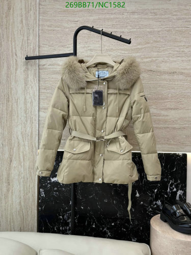 Prada Women's Down Jacket with Fur Hood and Belted Waist - Winter Coat