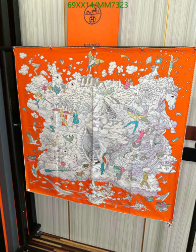 Hermes MM7323 Silk Scarf, 90x90cm - Orange with Fantasy Graphic Print