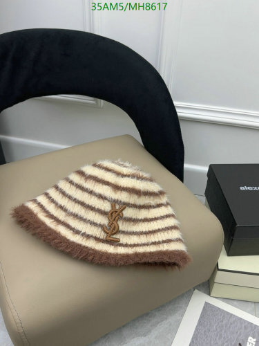 Yves Saint Laurent Striped Angora Blend Bucket Hat with YSL Logo, Brown/White