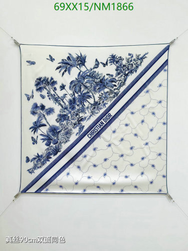 Christian Dior Silk Scarf, 90x90cm - Floral & Paisley Print, White and Blue