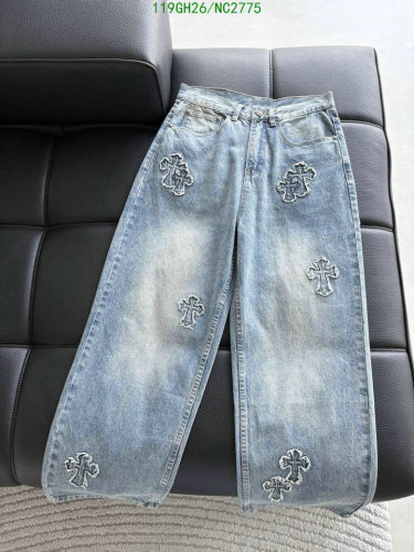 Chrome Hearts Denim Jeans with Cross Patches, Light Blue, Sizes M-3XL