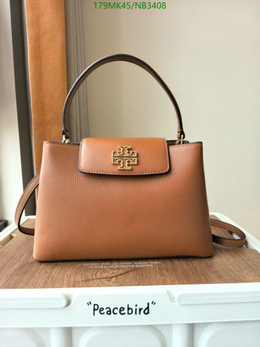 Tory Burch Satchel Bag in Brown Pebbled Leather with Top Handle & Crossbody Strap