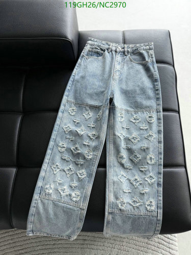 Louis Vuitton Distressed Denim Jeans with Monogram, Light Blue, M-3XL