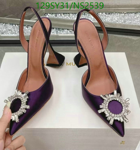 Amina Muaddi Women's Purple Silk Slingback Heels with Crystal Embellishment