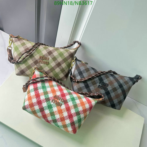 Miu Miu Plaid Canvas & Leather Handbag, 18.5 x 14 x 10cm, Model: 5NE581