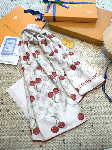 Louis Vuitton NM2479 White Wool Silk Cherry Monogram Shawl Scarf 140 x 140 cm