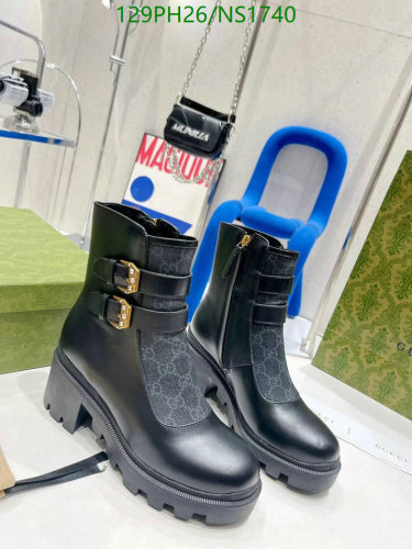 Gucci Women's Ankle Boots in Black Leather with GG Canvas and Buckle Detail