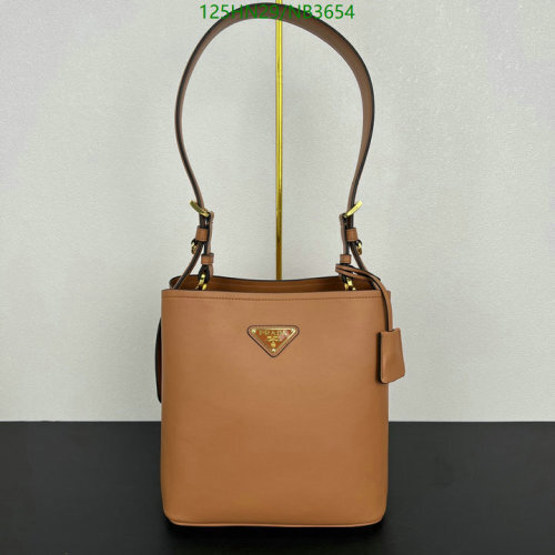 Prada 1BE080 Genuine Leather Bucket Bag - 22.5 x 21.5 x 13cm - Caramel