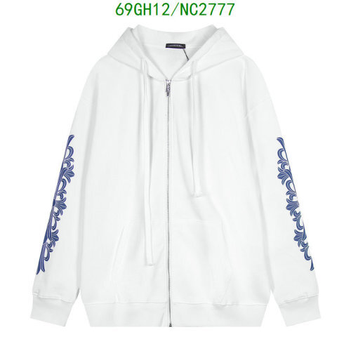 Chrome Hearts White Cotton Full Zip Hoodie with Blue Floral Sleeve Design